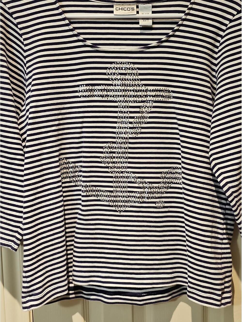 Chicos Womens XL Stripes 3 Scoop Neck 3/4 Sleeve Beaded Boat Anchor Embellishmen